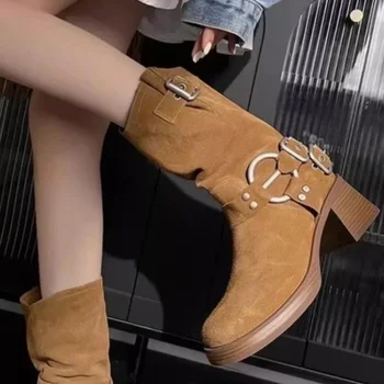 Обувки за жени 2023 Държава ретро висок ток дамски ботуши метален щифт ключалката дизайн дами средата прасеца ботуши Сапатос буци Mujer