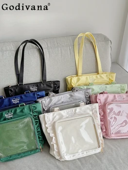 Японски стил сладък сладък дамски дантелени чанти за рамо модни всички мач Commuter сатен плисирани голяма пазарска чанта за дами