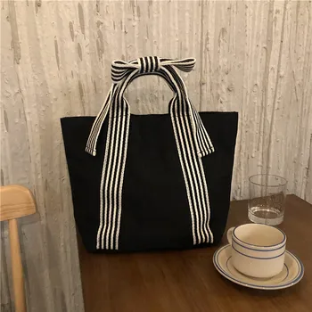 Нова мода INS черен бял лък голям капацитет платно чанти за жени прости случайни гъвкави дамски рамо чанта Totebag