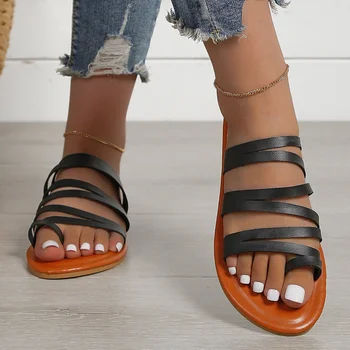 Дамски обувки 2023 Гореща продажба Комплект пръсти Дамски чехли Лято Рим Плътни цветни обувки Дамски плоски ежедневни плажни джапанки